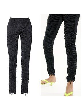 Ruve Loe Black Satin Ruched Skinny Slim Pants - Small